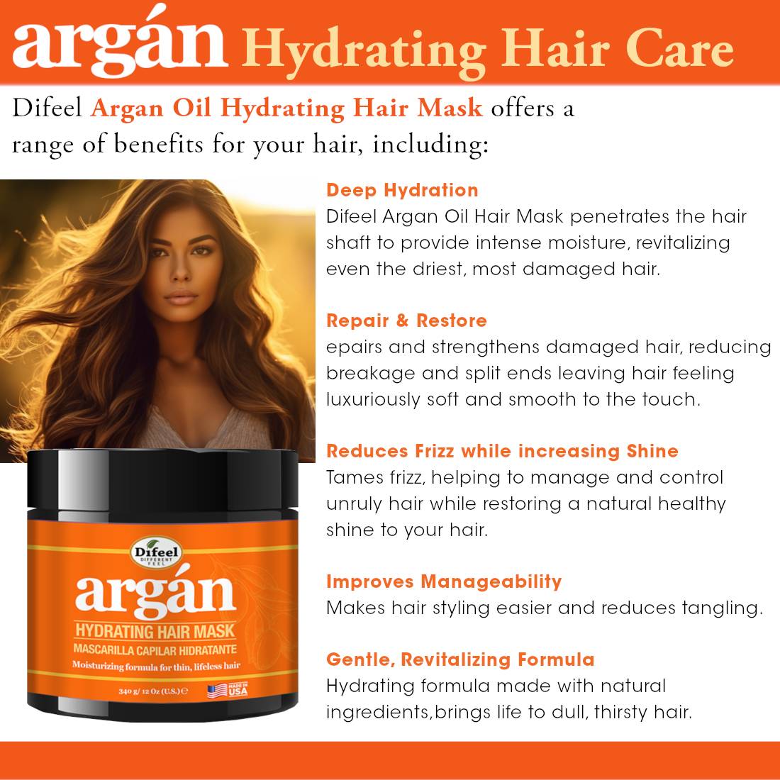 Difeel Argan Hydrating Hair Mask 12 oz