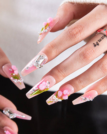LOVFUL Blushing Tulips Handmade Reusable Full Cover Press on Nails H459