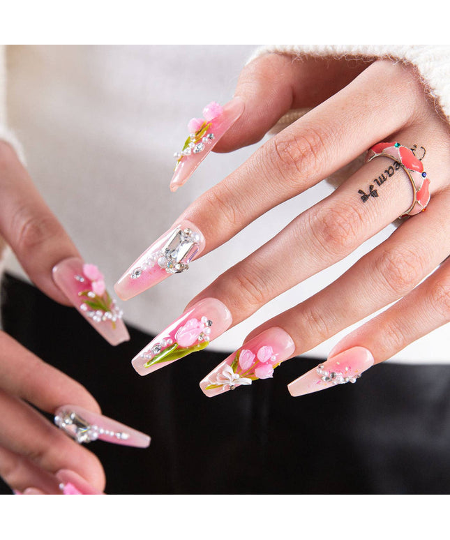 LOVFUL Blushing Tulips Handmade Reusable Full Cover Press on Nails H459