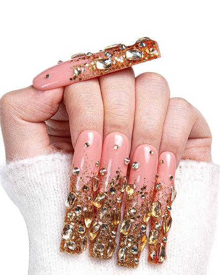 LOVFUL Stardust Gold Rhinestone Handmade Reusable Full Cover Press on Nails H84