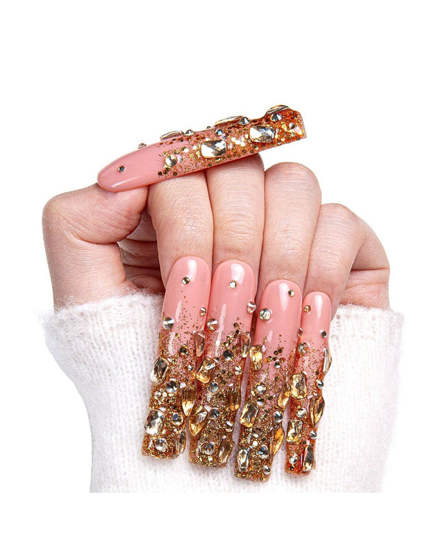 LOVFUL Stardust Gold Rhinestone Handmade Reusable Full Cover Press on Nails H84