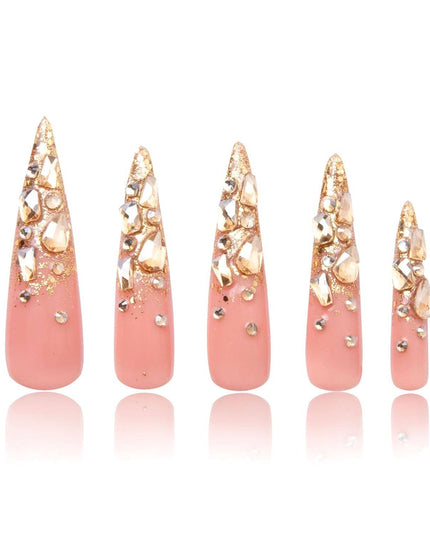 LOVFUL Stardust Gold Rhinestone Handmade Reusable Full Cover Press on Nails H84