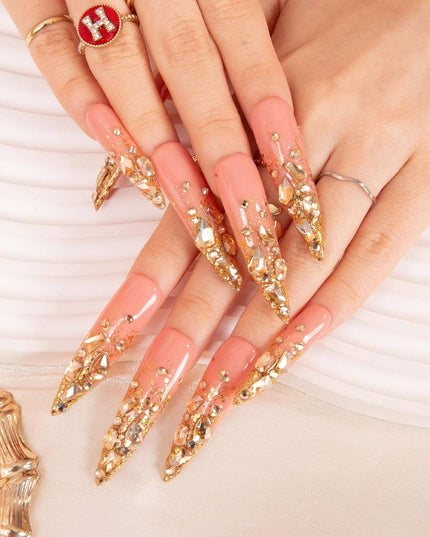 LOVFUL Stardust Gold Rhinestone Handmade Reusable Full Cover Press on Nails H84