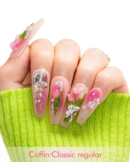 LOVFUL Blushing Tulips Handmade Reusable Full Cover Press on Nails H459