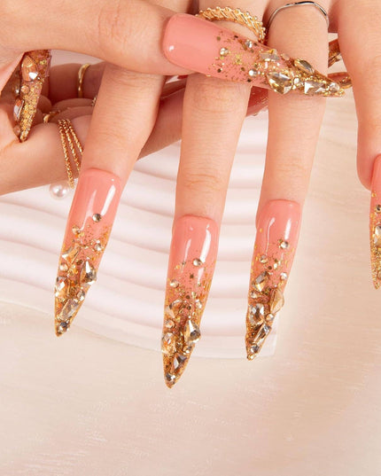 LOVFUL Stardust Gold Rhinestone Handmade Reusable Full Cover Press on Nails H84