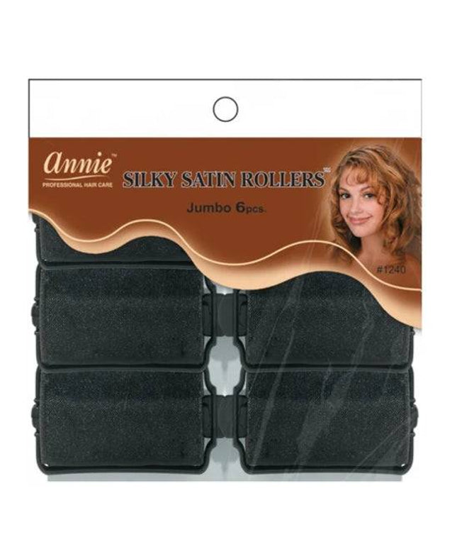 Annie Jumbo Silky Satin Rollers 6Pc Black