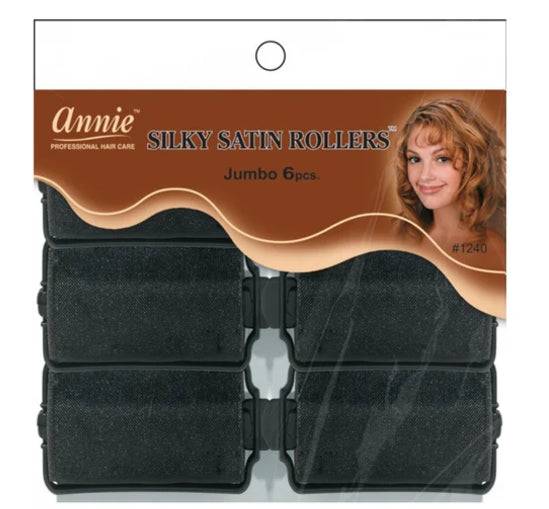 Annie Jumbo Silky Satin Rollers 6Pc Black