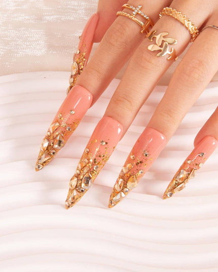 LOVFUL Stardust Gold Rhinestone Handmade Reusable Full Cover Press on Nails H84